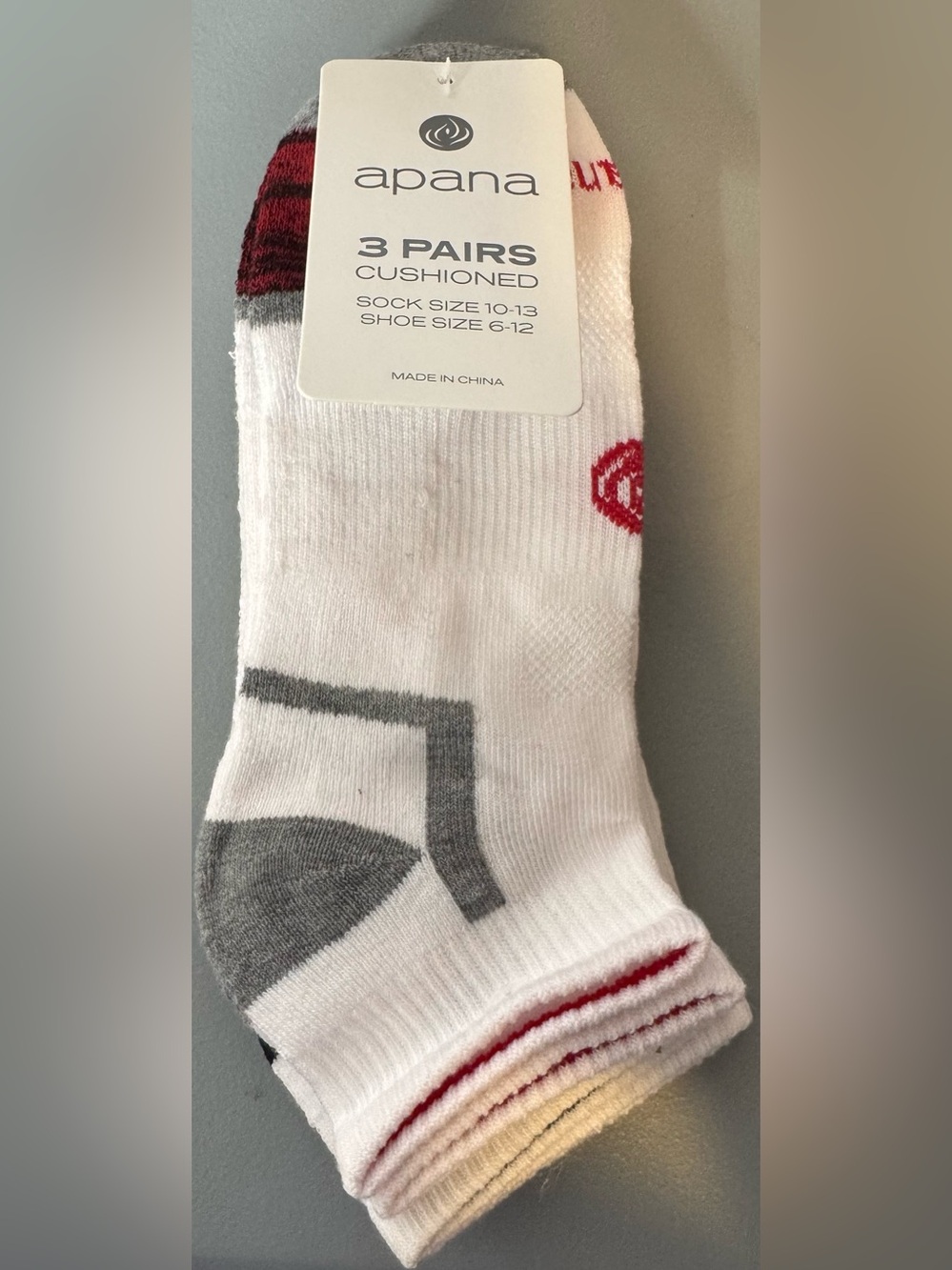 Apana White Athletic Crew Socks with Gray and Red Accents - 3 Pack cushioned
